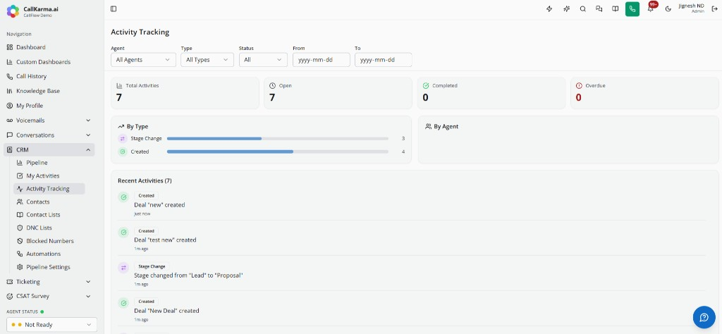 CRM activity tracking dashboard with totals and recent activity log