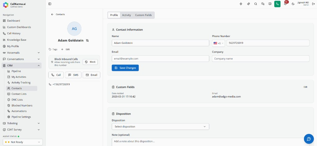 CRM contact profile with call, SMS, email actions and editable fields