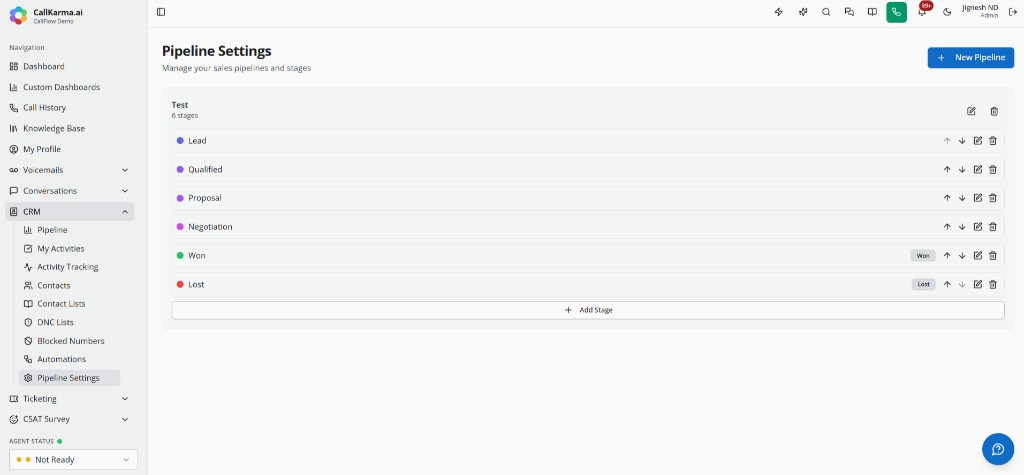 CRM pipeline settings with configurable sales stages