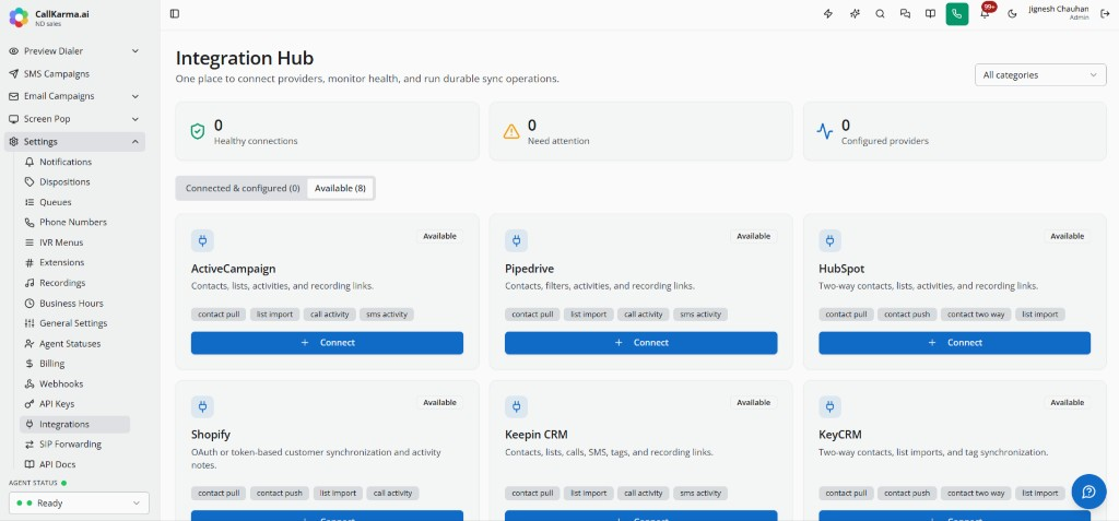 CallKarma Integration Hub showing available CRM and e-commerce providers with Connect buttons