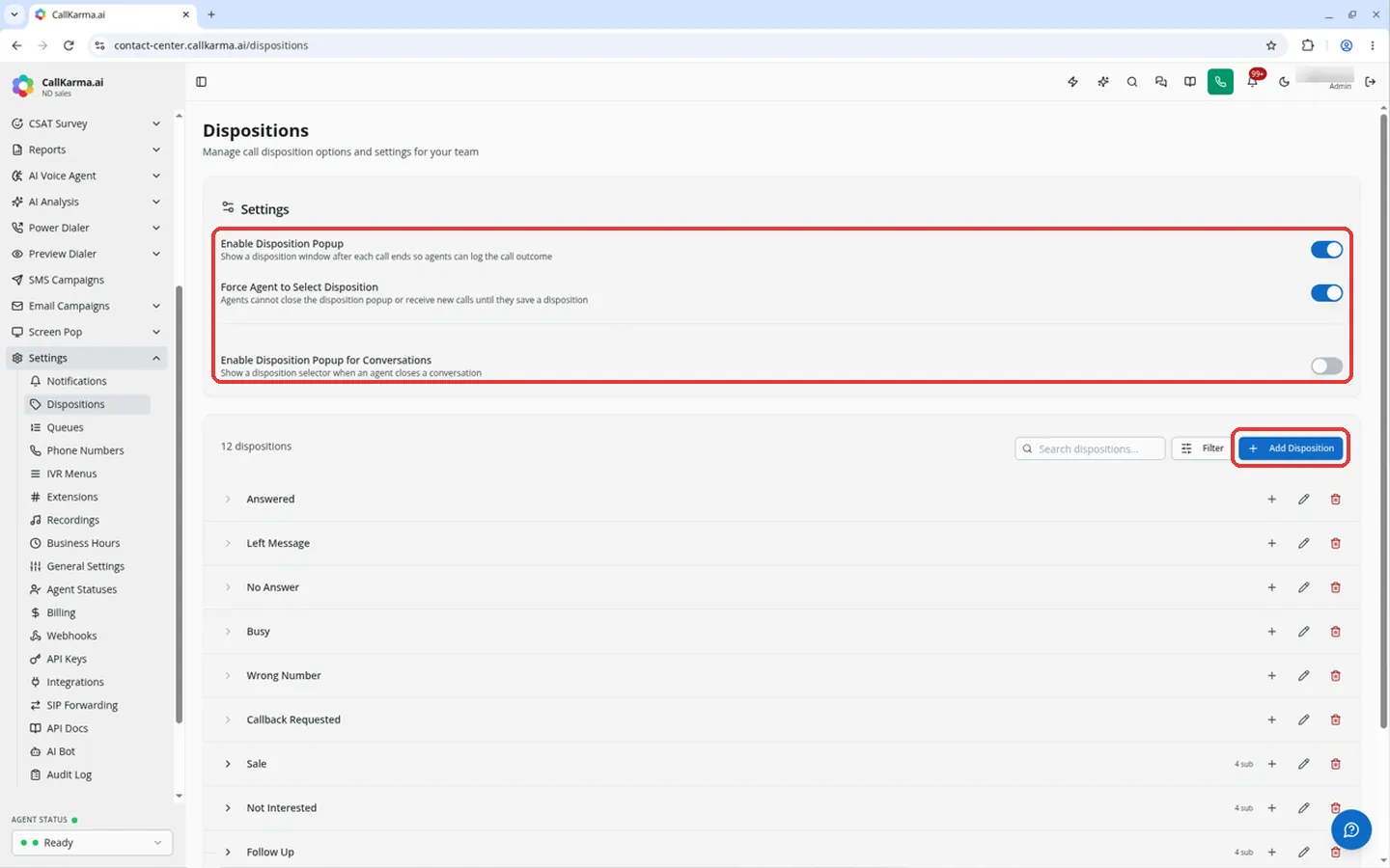 Disposition popup switches in Settings and the Add Disposition button above the dispositions list