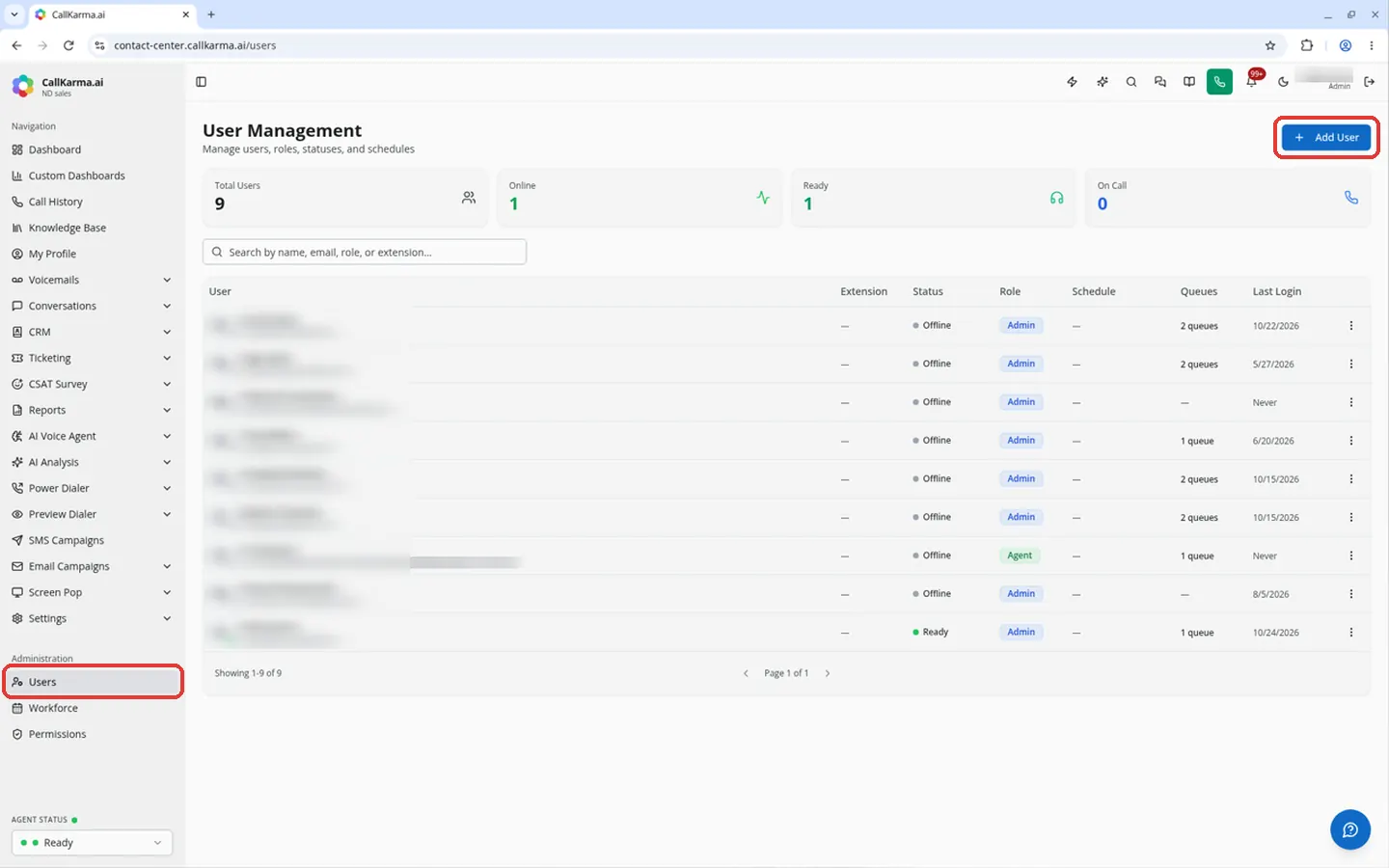 Users item under Administration and the Add User button above the User Management table