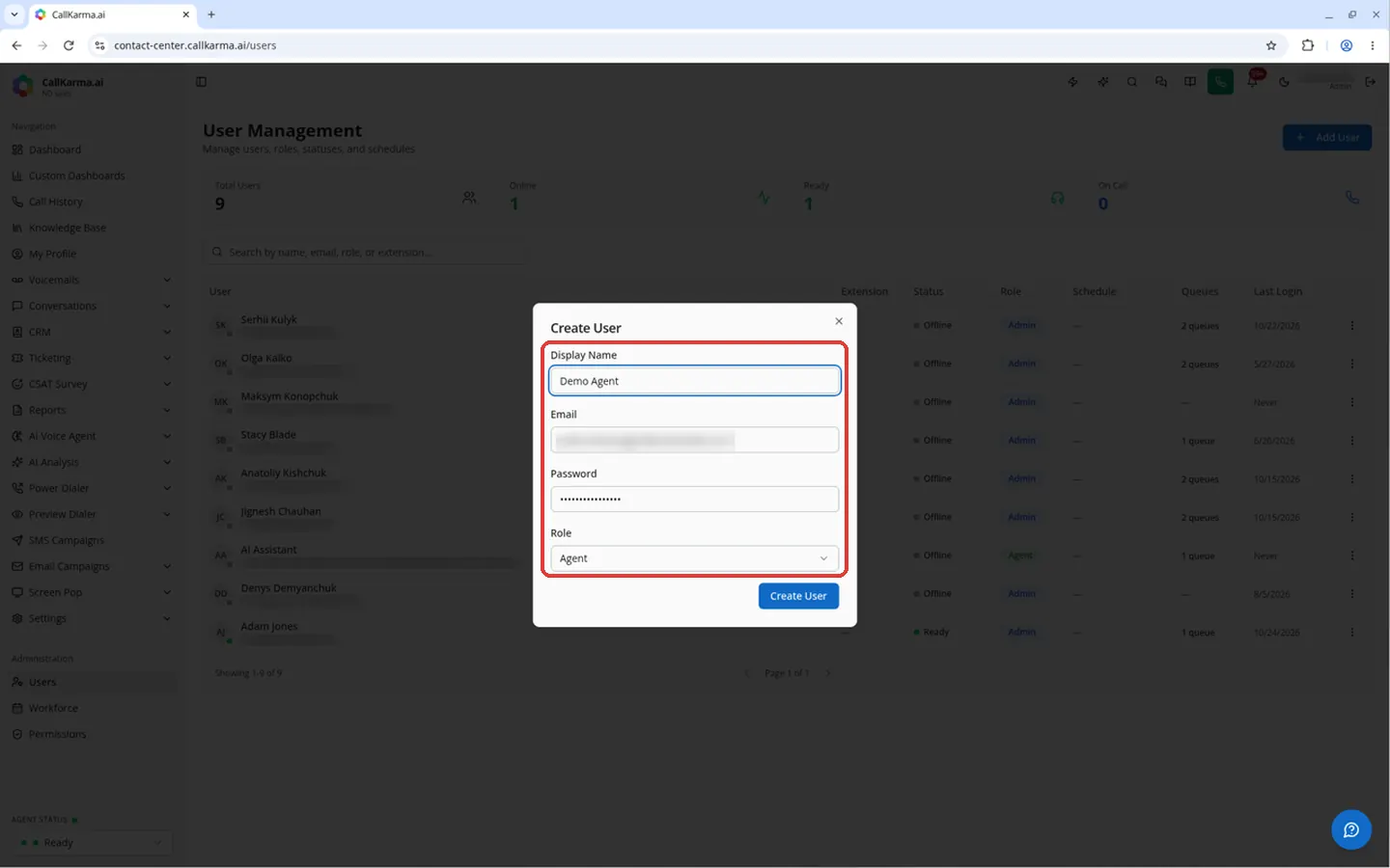 Display Name, Email, Password and Role fields in the Create User dialog