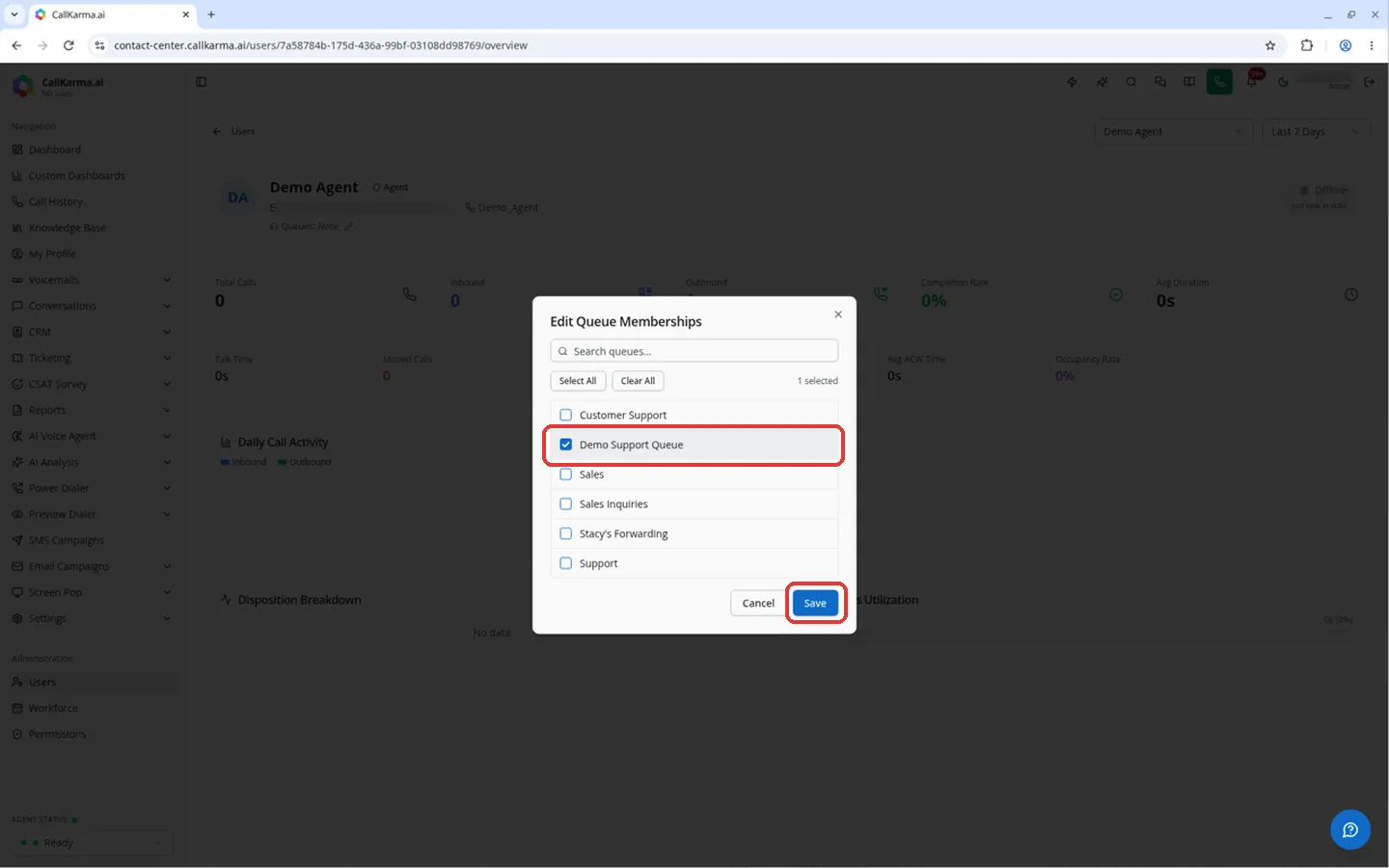 Demo Support Queue checkbox and Save button in the Edit Queue Memberships dialog on a user overview