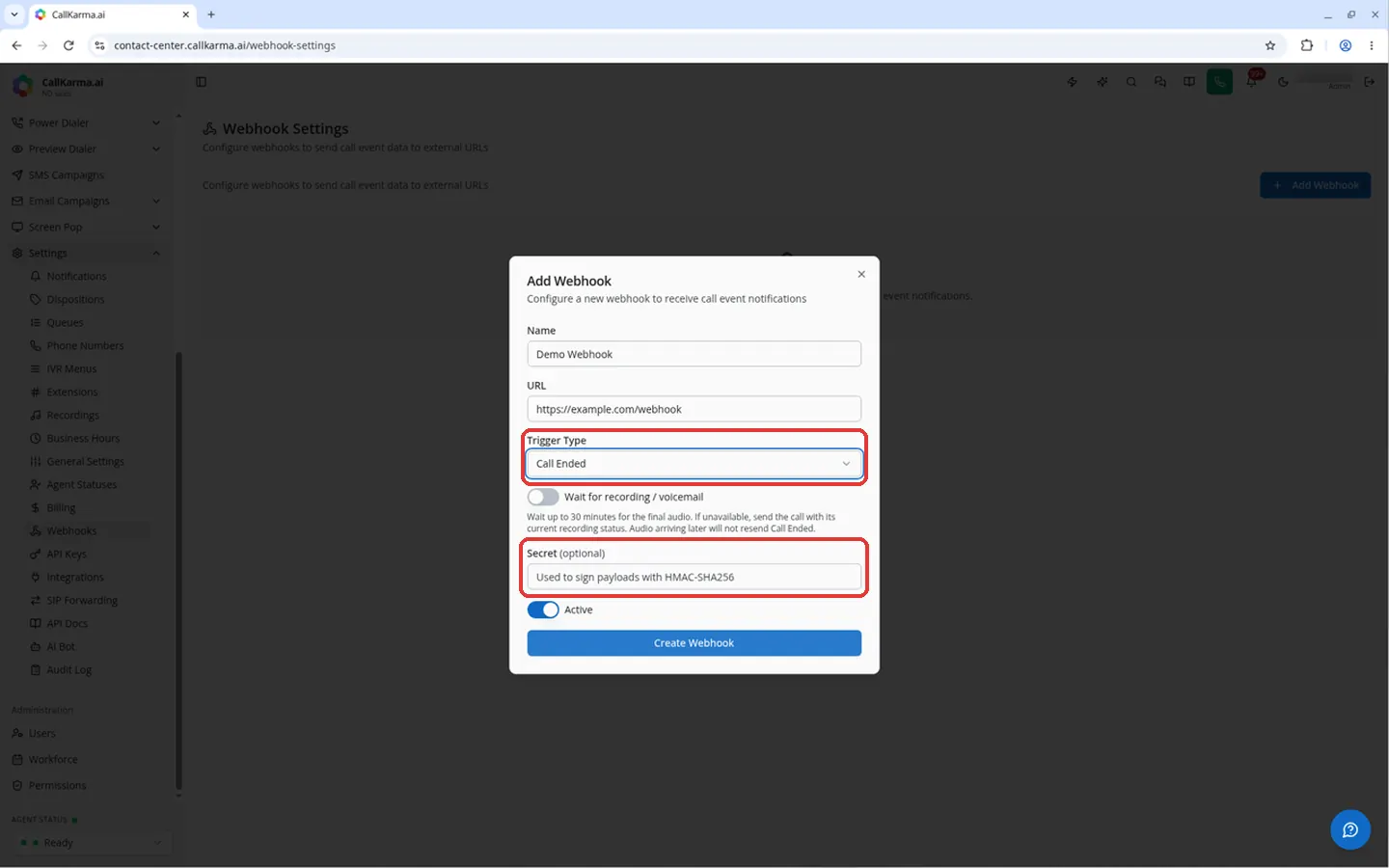 Trigger Type selector and the Secret field with its HMAC-SHA256 hint in the Add Webhook dialog