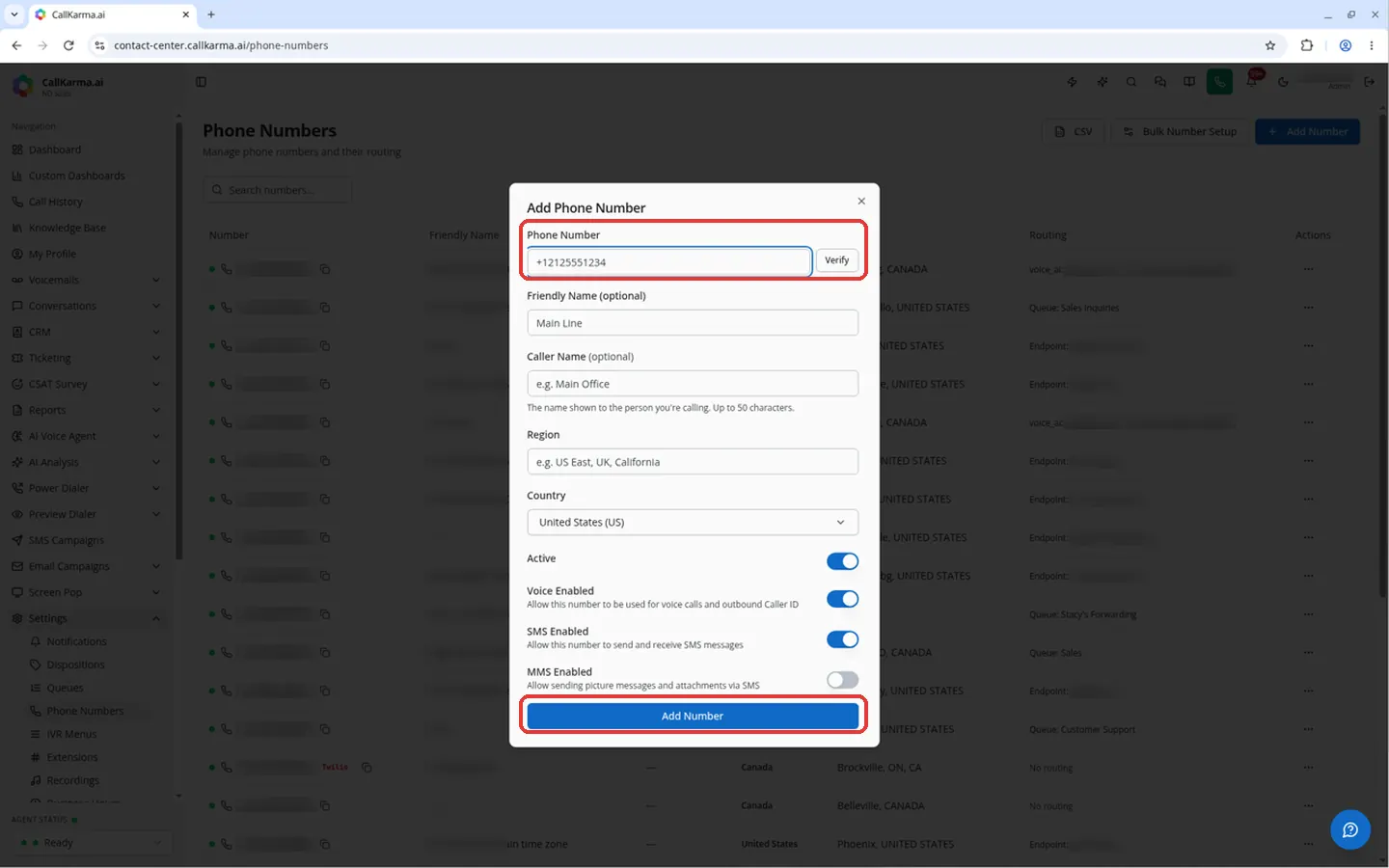 Phone Number field with the Verify button and the Add Number button in the Add Phone Number dialog