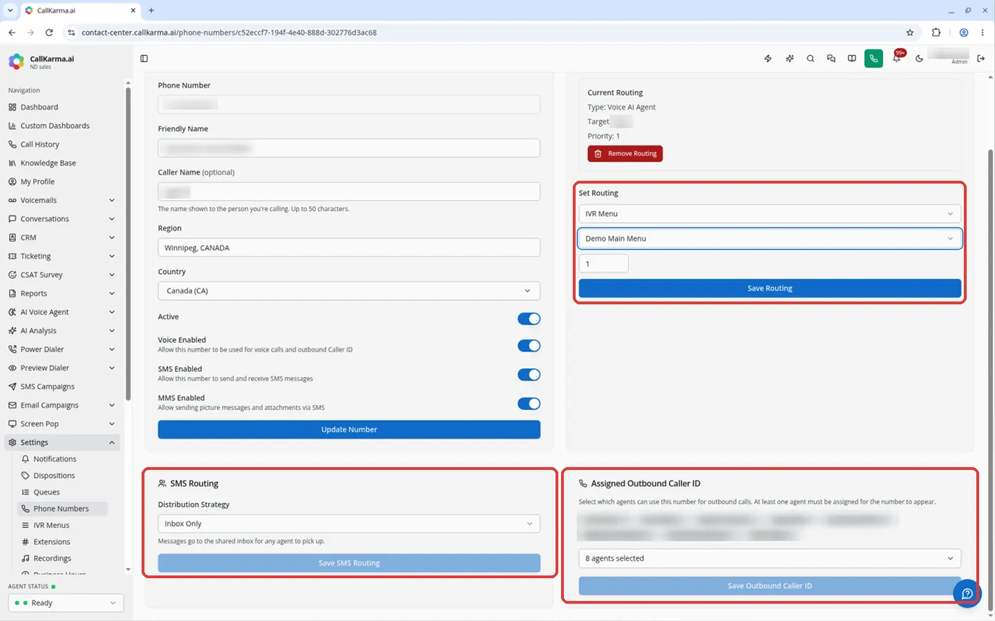 Set Routing controls, the SMS Routing distribution strategy and the Assigned Outbound Caller ID panel on a phone number edit page