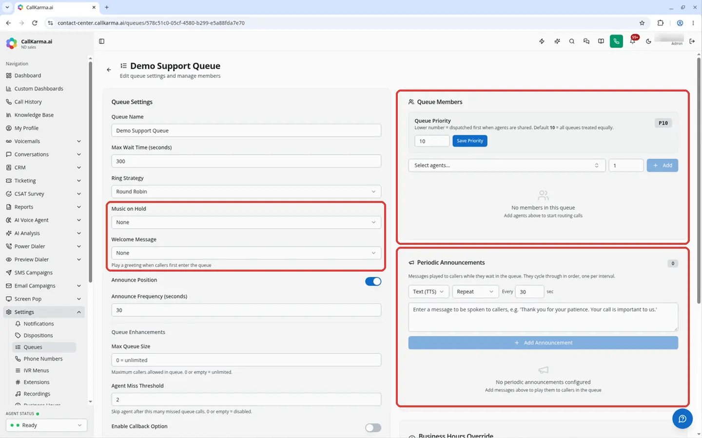 Music on Hold and Welcome Message fields, the Queue Members panel and the Periodic Announcements panel on the queue edit page