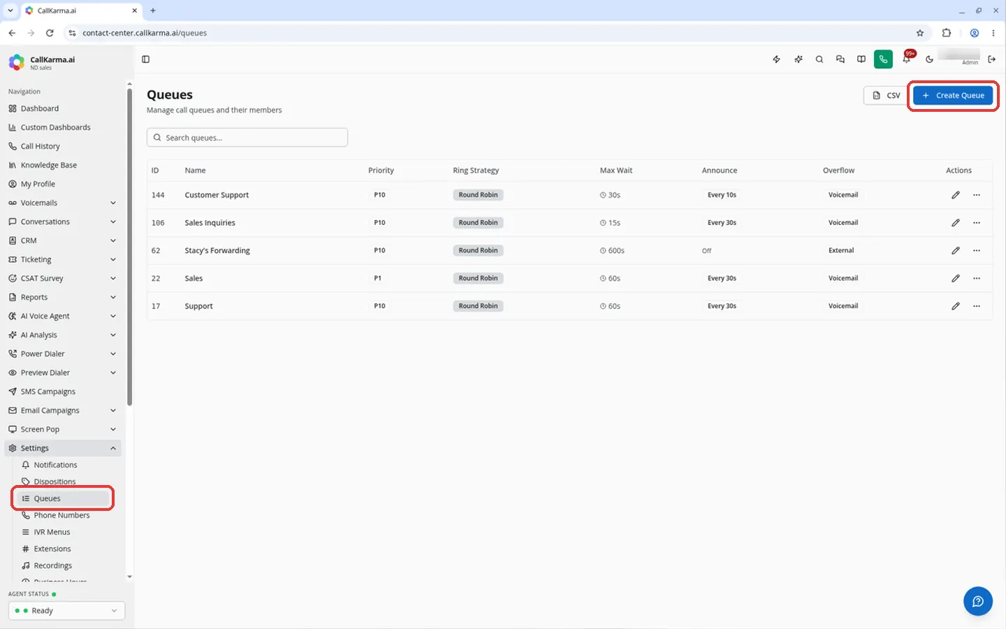 Queues item under Settings and the Create Queue button above the Queues list