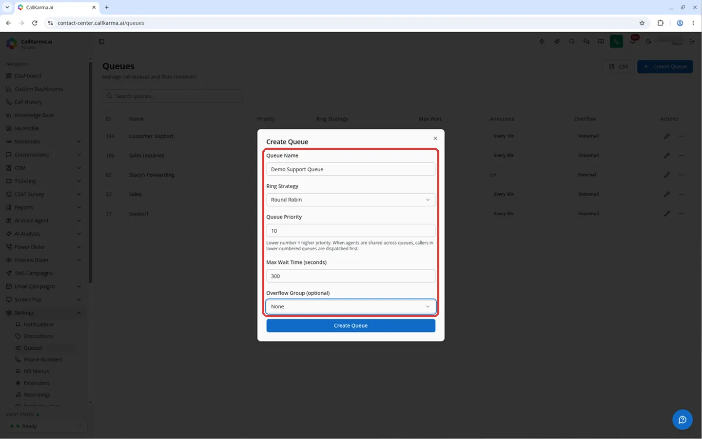 Queue Name, Ring Strategy, Queue Priority, Max Wait Time and Overflow Group fields in the Create Queue dialog