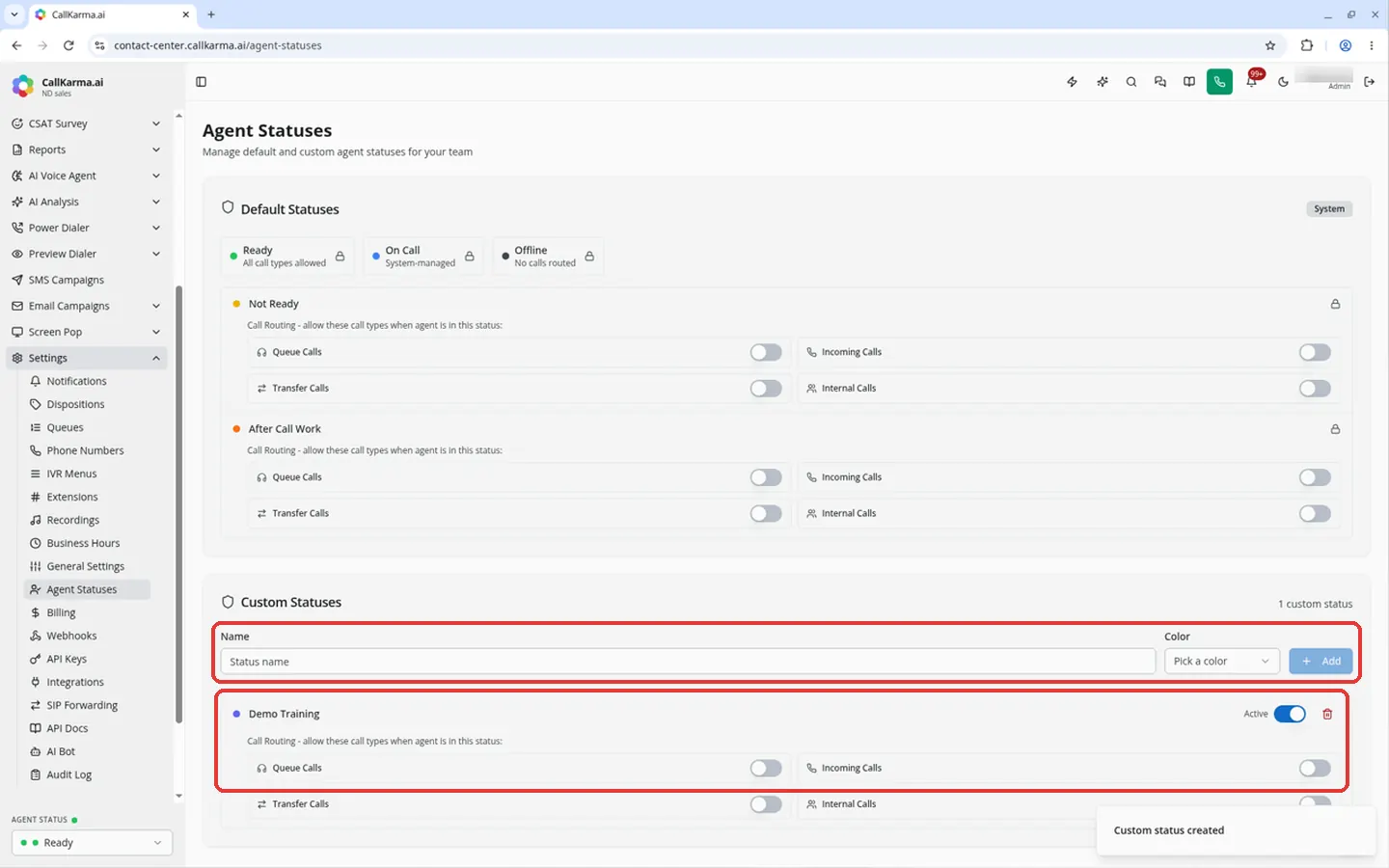 Status name field, Color picker and Add button under Custom Statuses, and the Demo Training status with its Active switch and call type switches