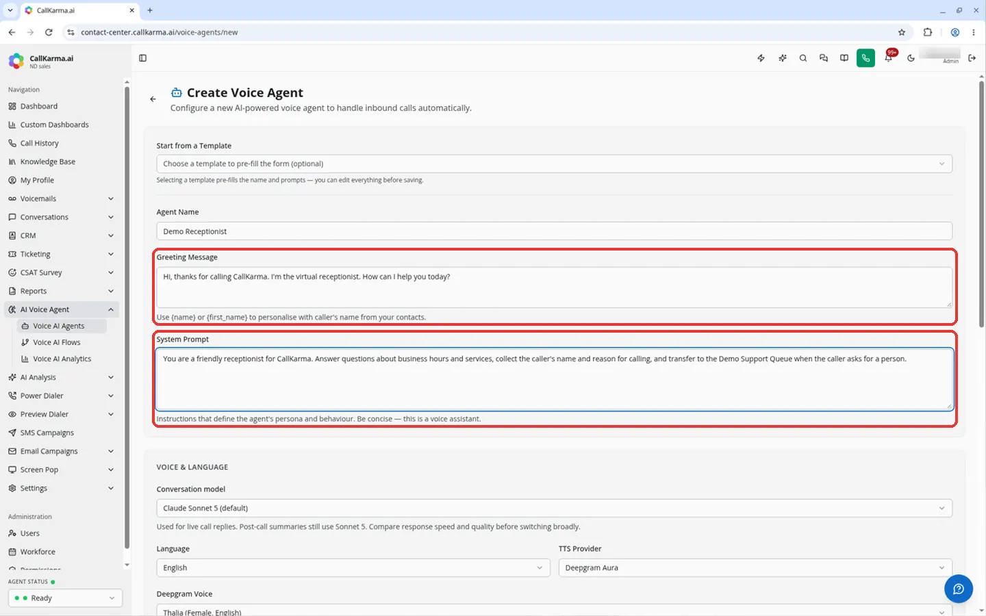 Greeting Message and System Prompt fields in the Create Voice Agent form