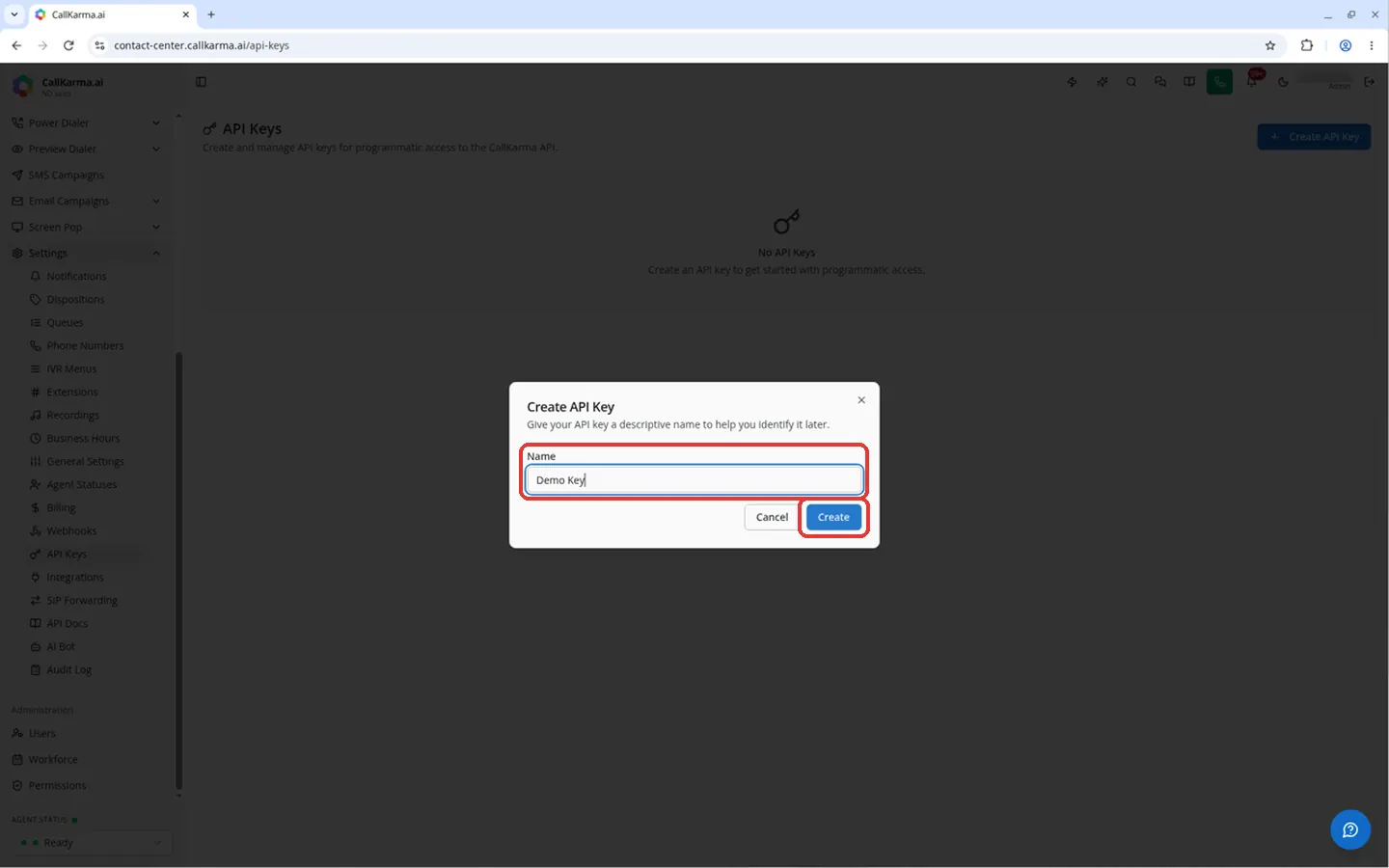 Name field and Create button in the Create API Key dialog