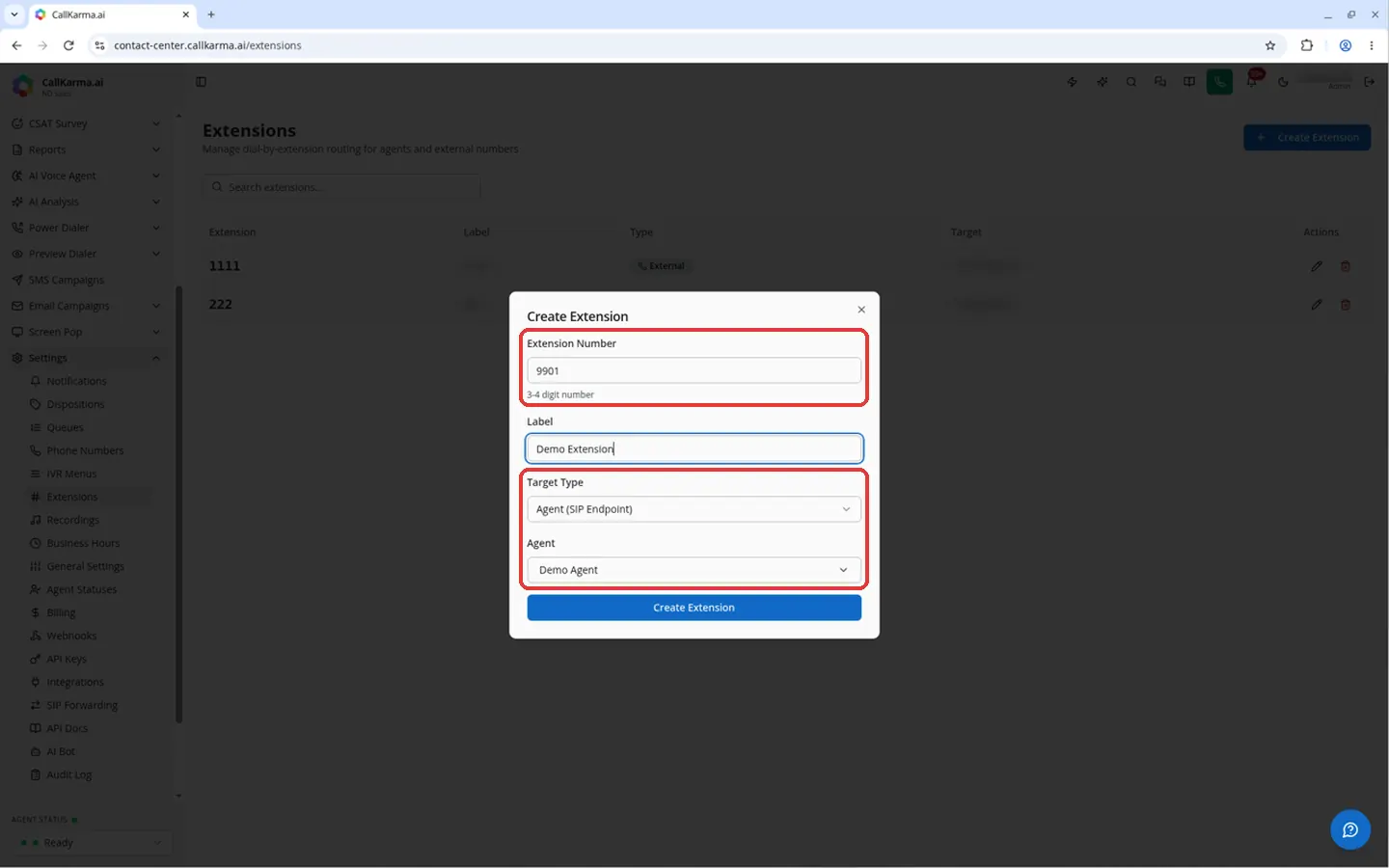 Extension Number field with its 3-4 digit hint, and the Target Type and Agent fields in the Create Extension dialog