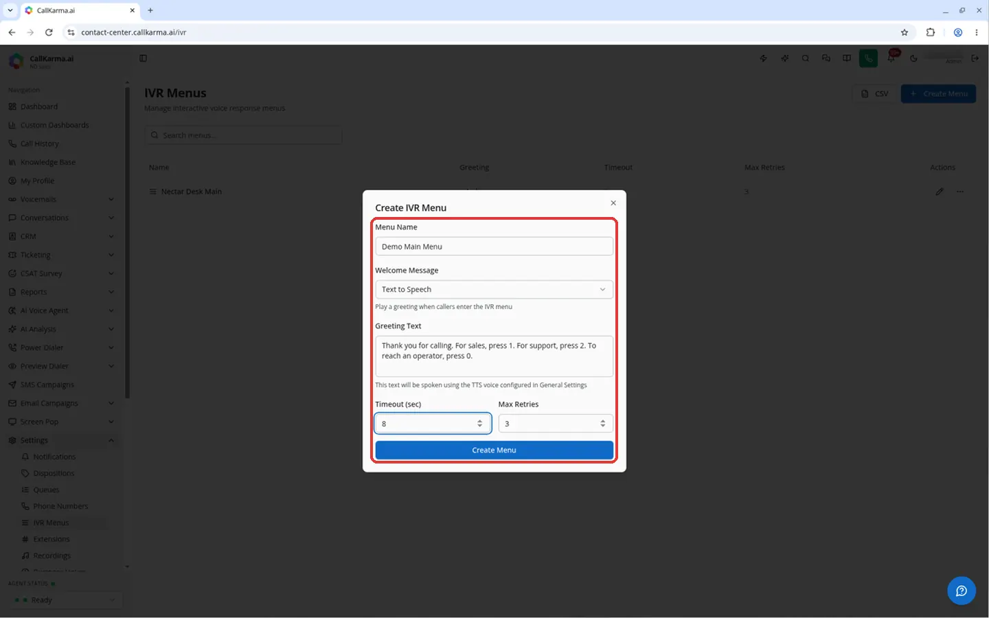 Menu Name, Welcome Message, Greeting Text, Timeout and Max Retries fields with the Create Menu button in the Create IVR Menu dialog