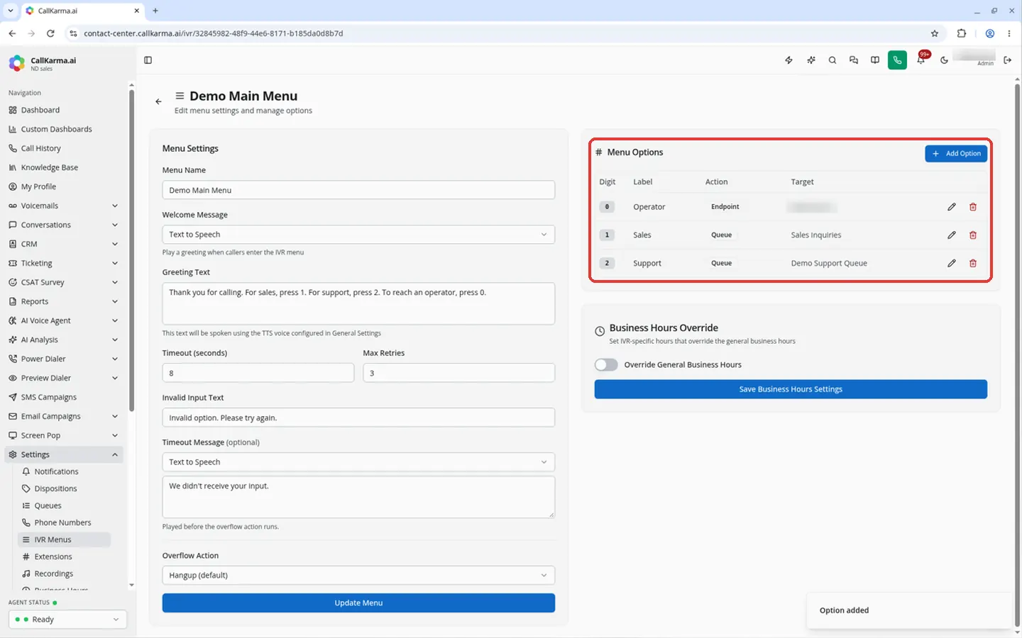 Menu Options table listing each digit with its label, action and target, with the Add Option button