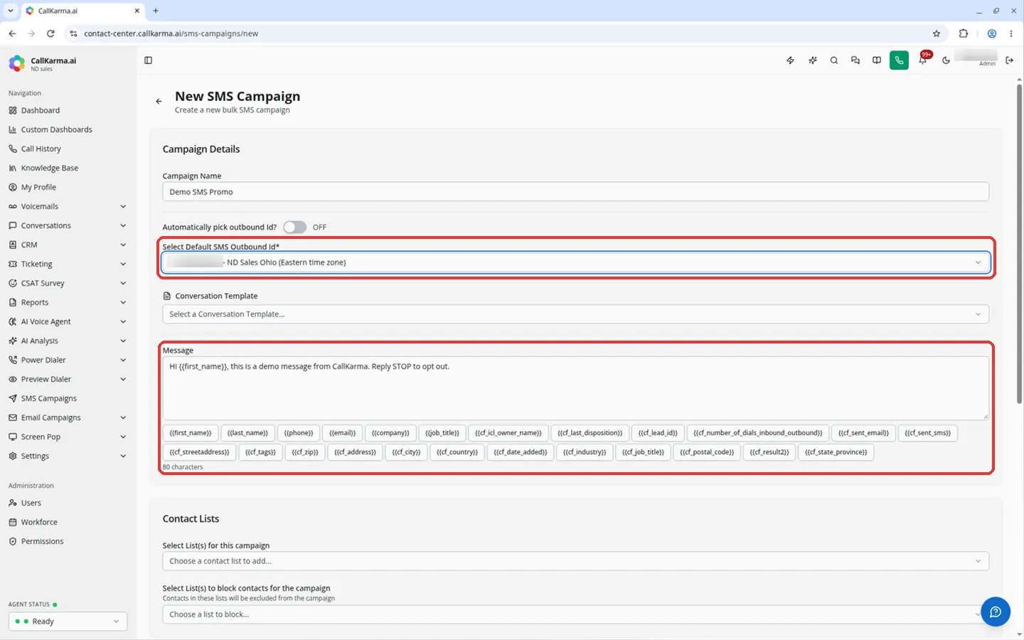 Default SMS Outbound Id selector, and the Message box with opt-out wording and merge field buttons in the New SMS Campaign form