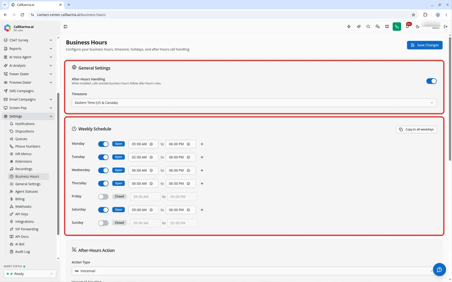 After-Hours Handling switch and Timezone selector, and the Weekly Schedule grid on the Business Hours page