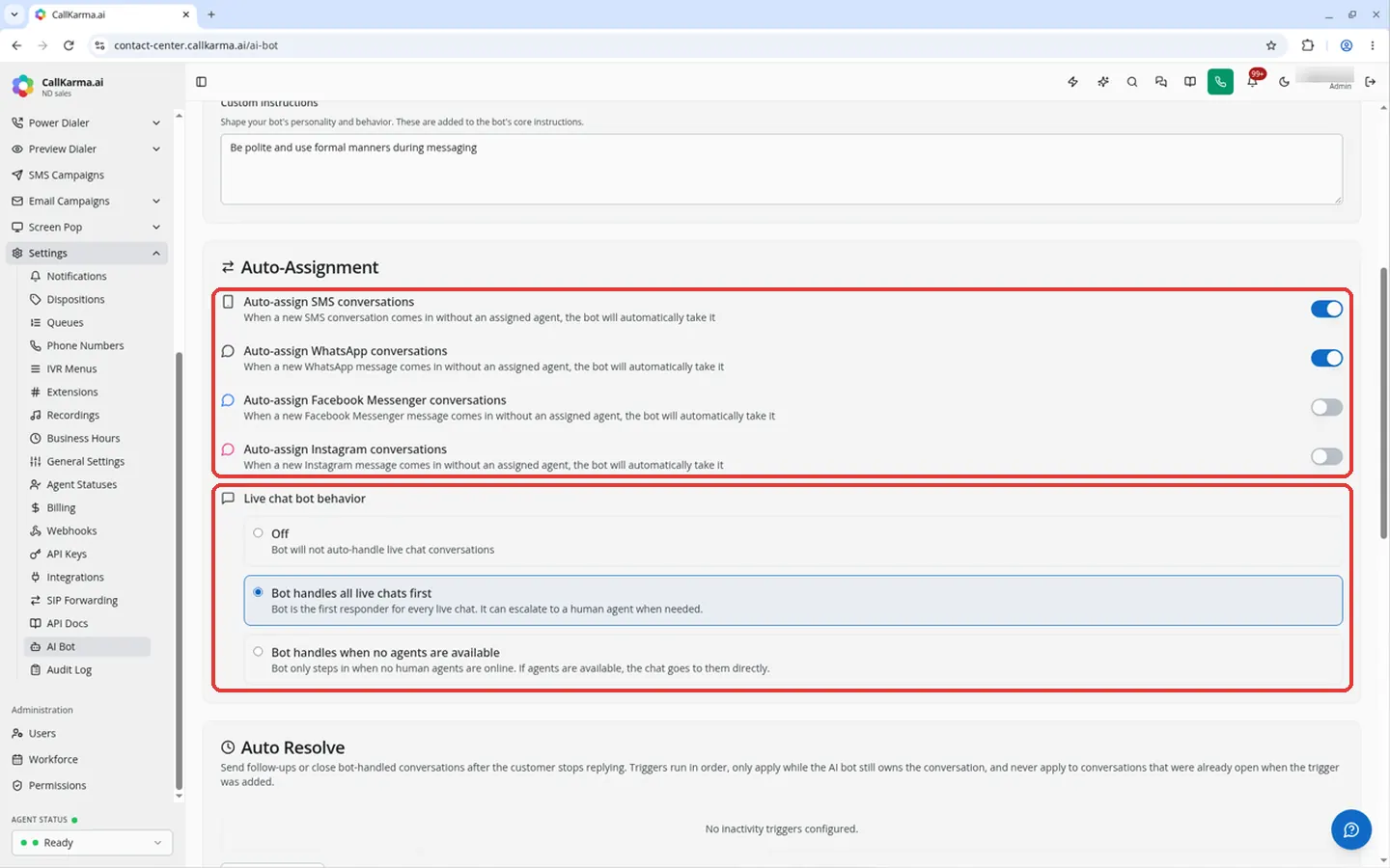 Auto-assign channel switches and Live chat bot behavior options in the Auto-Assignment section of AI Bot settings