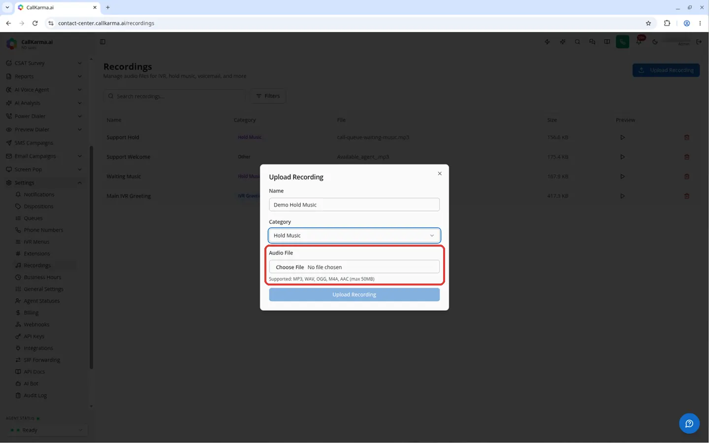 Audio File chooser with the supported formats and 50 MB limit hint in the Upload Recording dialog