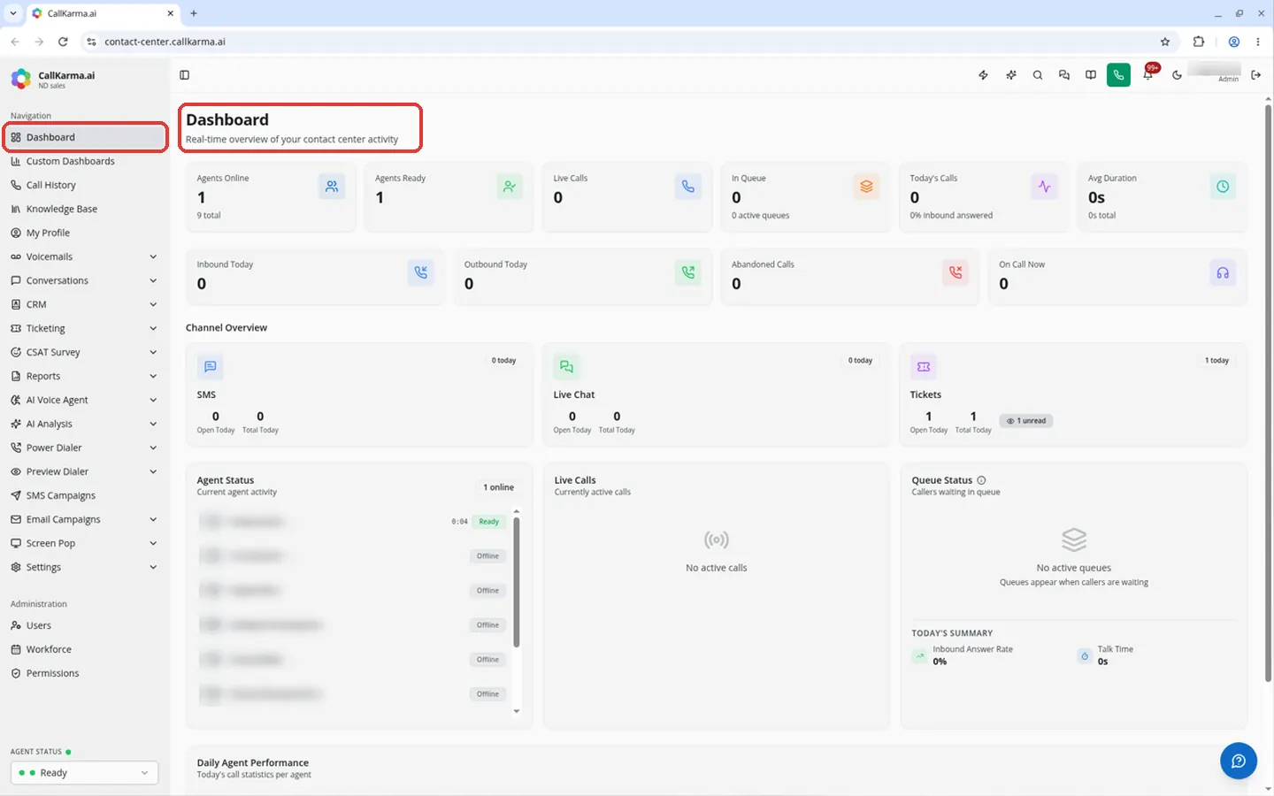 Dashboard item in the left navigation and the Dashboard home page with its real-time contact center overview
