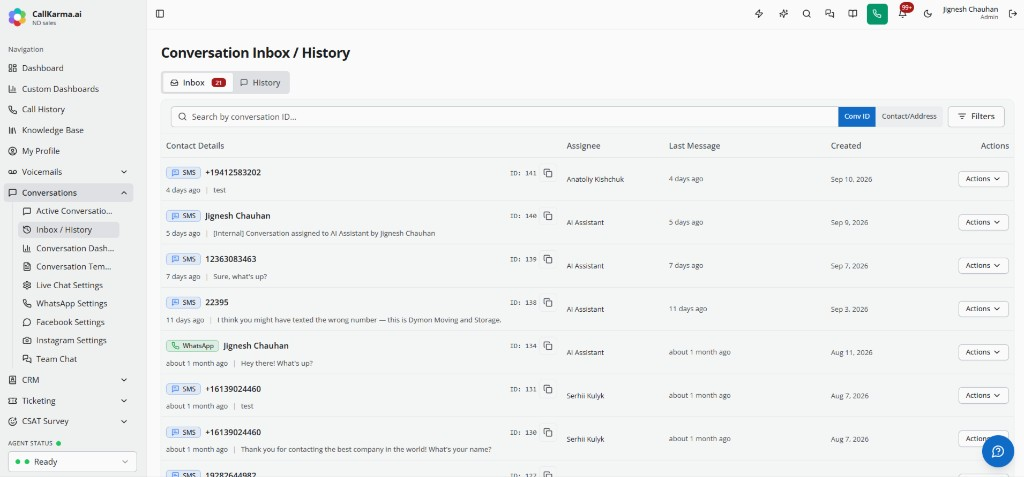 Conversation inbox and history with SMS and WhatsApp threads