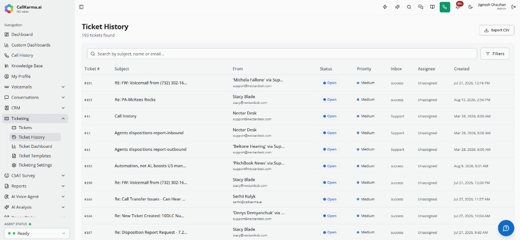 Ticket history table with status, priority, inbox, and assignee columns