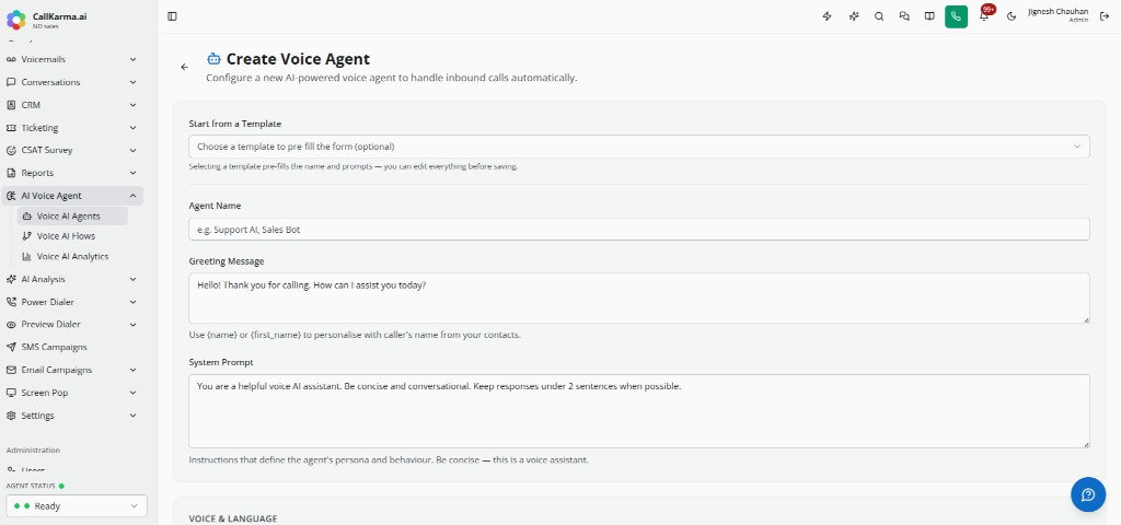 Create Voice Agent form with greeting message, system prompt, and voice settings