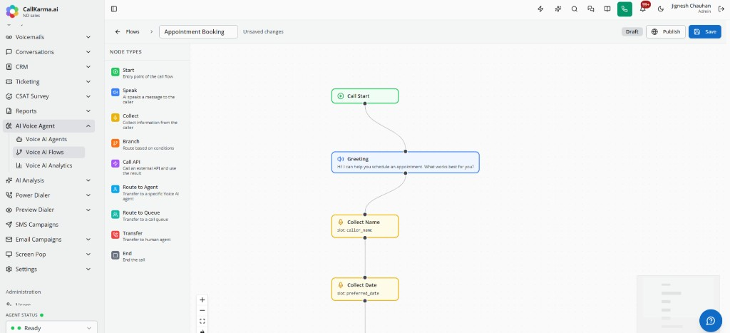 Voice AI Flows builder with appointment booking nodes for speak, collect, and branch