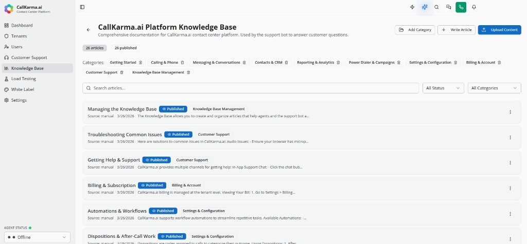 Platform knowledge base with published articles and categories