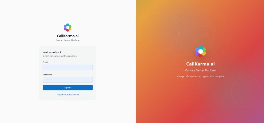 Branded CallKarma sign-in page with custom logo and login hero