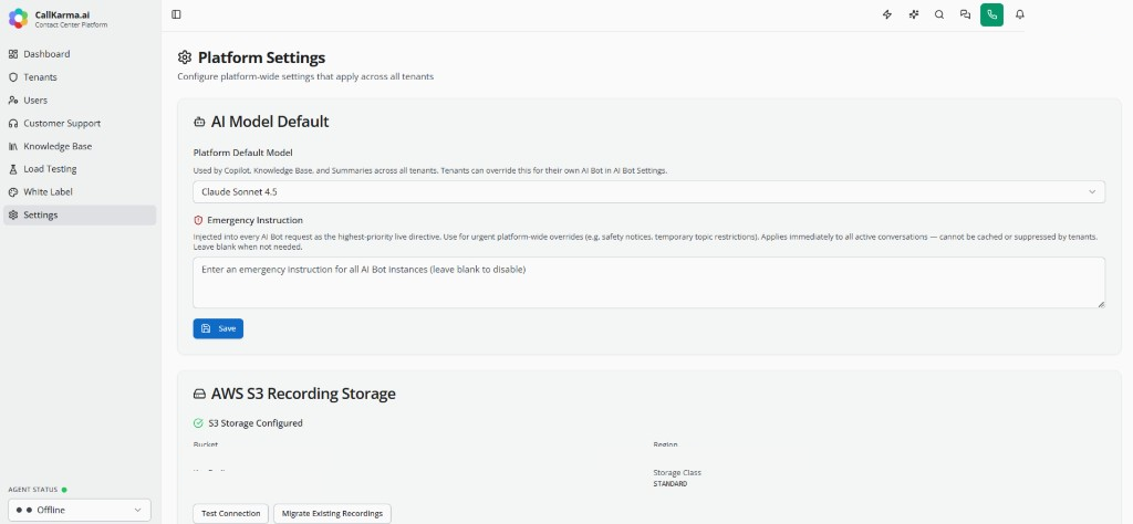 Platform settings for the default AI model, emergency instructions, and recording storage