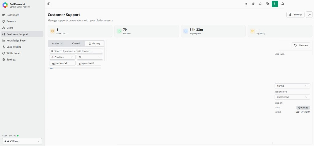 Customer support inbox for conversations with platform users