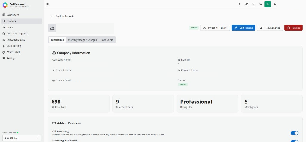 Tenant details with company information, plan, and add-on features