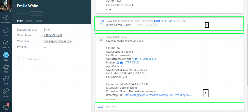 Nectar Desk call log