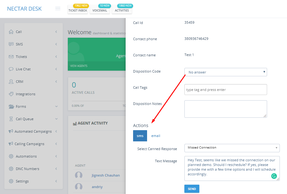 Send SMS based on Disposition